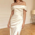 One-shoulder White Simple Slim Wedding Dress Lyiq - Luzilly Bridal & Apparel