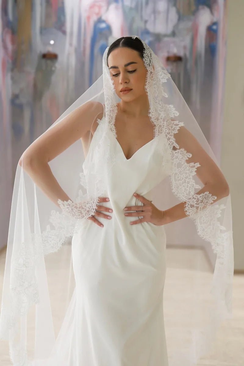 One-Tier Mantilla Cathedral Veil with Lace Trim - Luzilly Bridal & Apparel