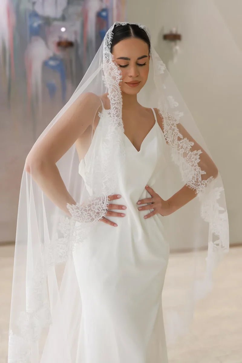 One-Tier Mantilla Cathedral Veil with Lace Trim - Luzilly Bridal & Apparel