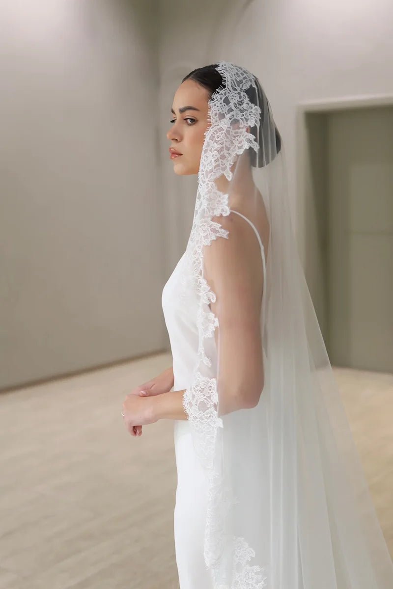 One-Tier Mantilla Cathedral Veil with Lace Trim - Luzilly Bridal & Apparel