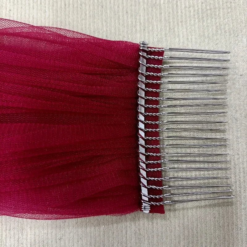 One Tier Wine Red Bride Veil Lace with Sequins Cathedral Veil Wedding Accessories Metal Comb - Luzilly Bridal & Apparel
