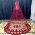 One Tier Wine Red Bride Veil Lace with Sequins Cathedral Veil Wedding Accessories Metal Comb - Luzilly Bridal & Apparel