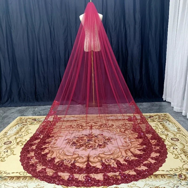 One Tier Wine Red Bride Veil Lace with Sequins Cathedral Veil Wedding Accessories Metal Comb - Luzilly Bridal & Apparel