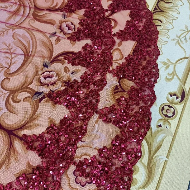 One Tier Wine Red Bride Veil Lace with Sequins Cathedral Veil Wedding Accessories Metal Comb - Luzilly Bridal & Apparel