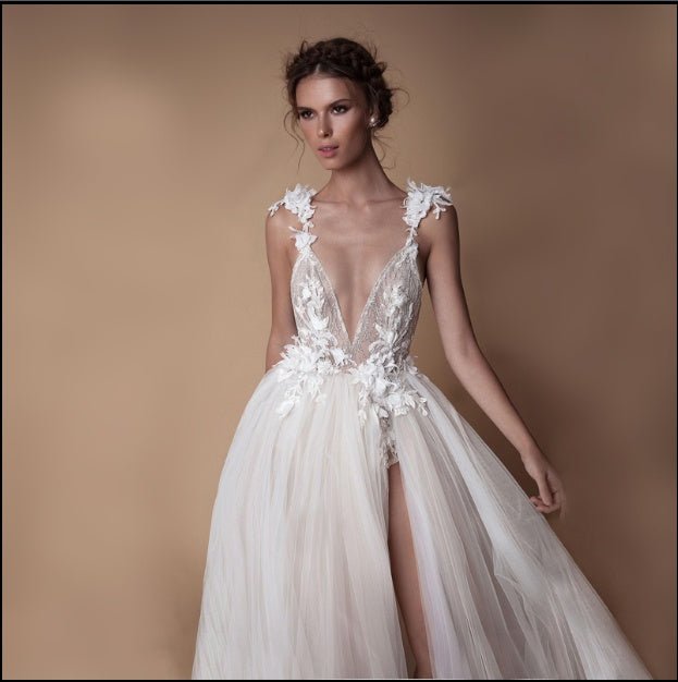 Organza Wedding Dress with Lace Collar and High Slit - Luzilly Bridal & Apparel