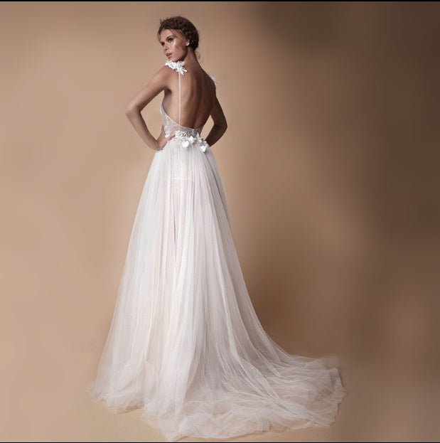 Organza Wedding Dress with Lace Collar and High Slit - Luzilly Bridal & Apparel