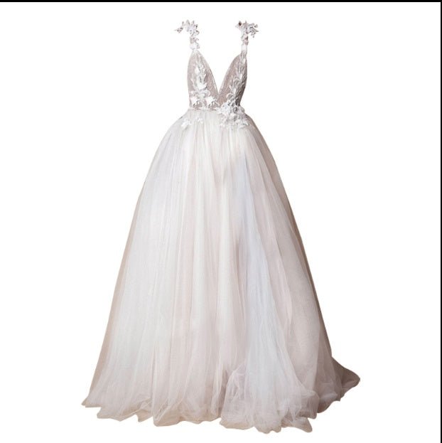 Organza Wedding Dress with Lace Collar and High Slit - Luzilly Bridal & Apparel