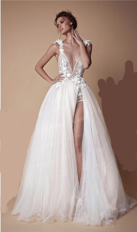Organza Wedding Dress with Lace Collar and High Slit - Luzilly Bridal & Apparel
