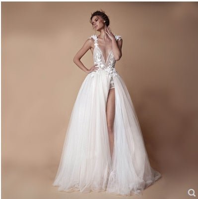 Organza Wedding Dress with Lace Collar and High Slit - Luzilly Bridal & Apparel