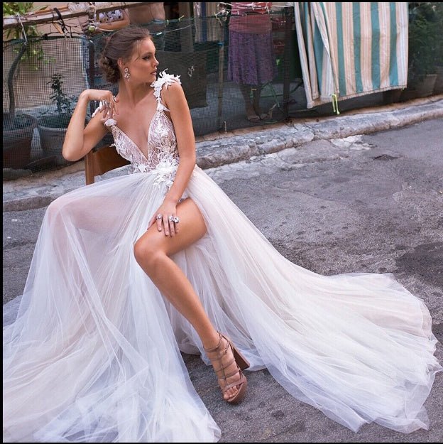 Organza Wedding Dress with Lace Collar and High Slit - Luzilly Bridal & Apparel