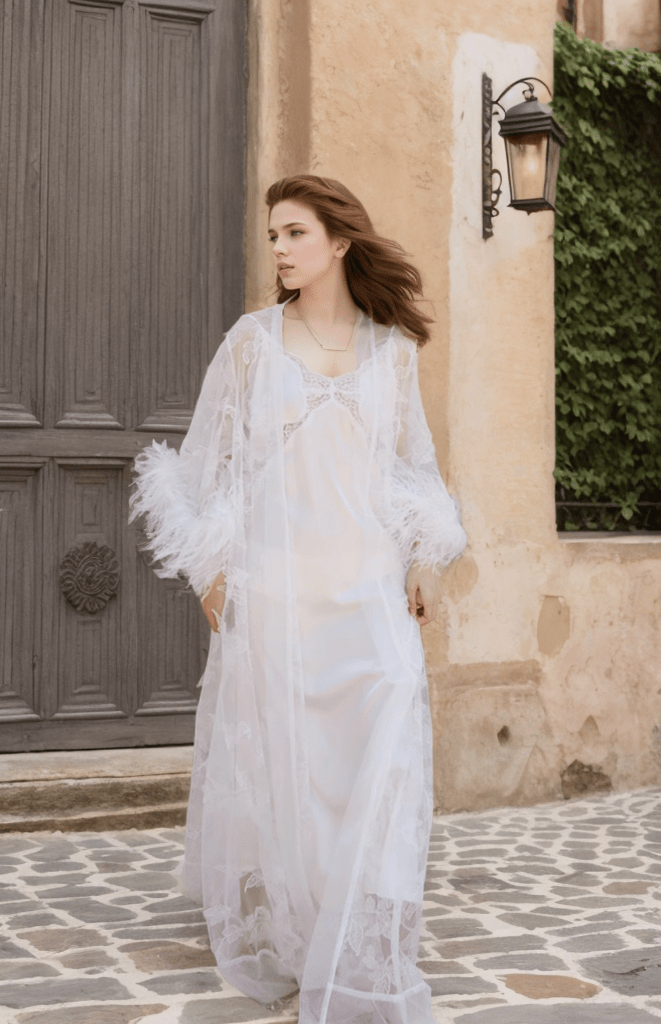 Ostrich Feather Sequin 3D Floral Lace Long Robe with Sequin Nightgown Set - Luzilly Bridal & Apparel