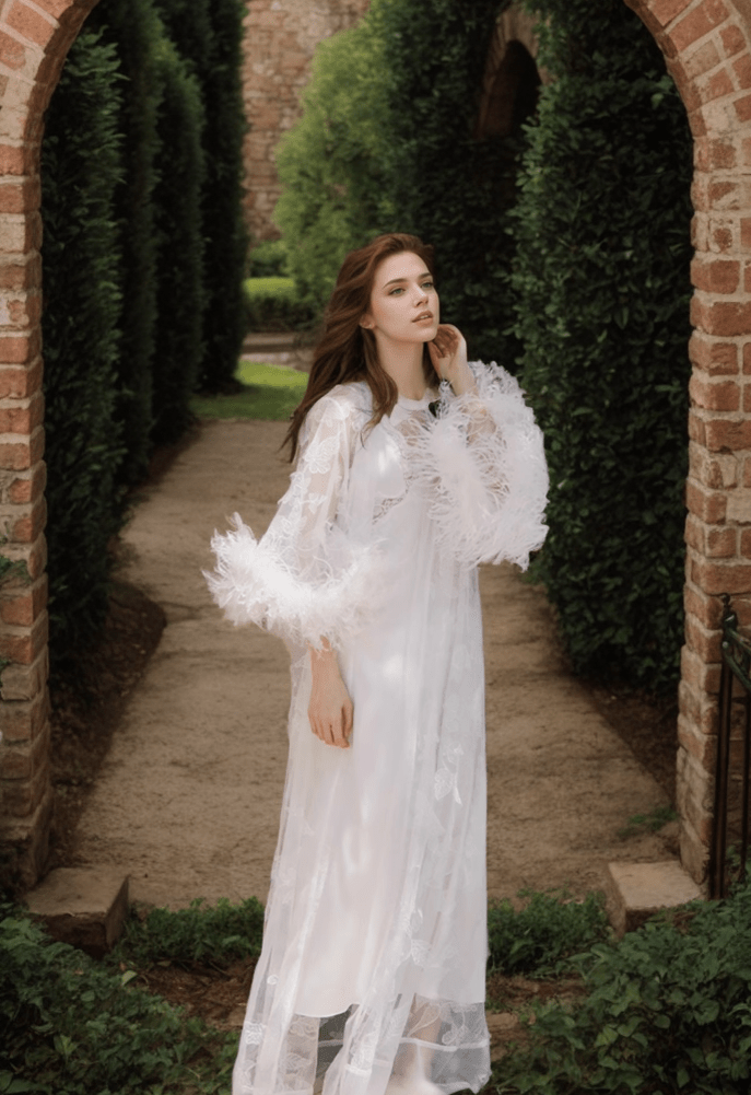 Ostrich Feather Sequin 3D Floral Lace Long Robe with Sequin Nightgown Set - Luzilly Bridal & Apparel