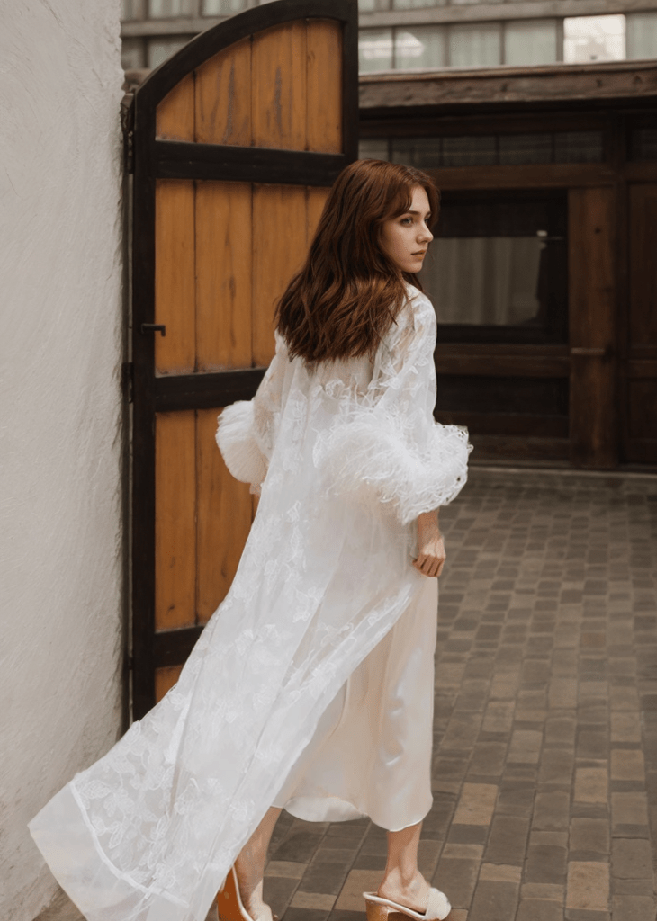 Ostrich Feather Sequin 3D Floral Lace Long Robe with Sequin Nightgown Set - Luzilly Bridal & Apparel