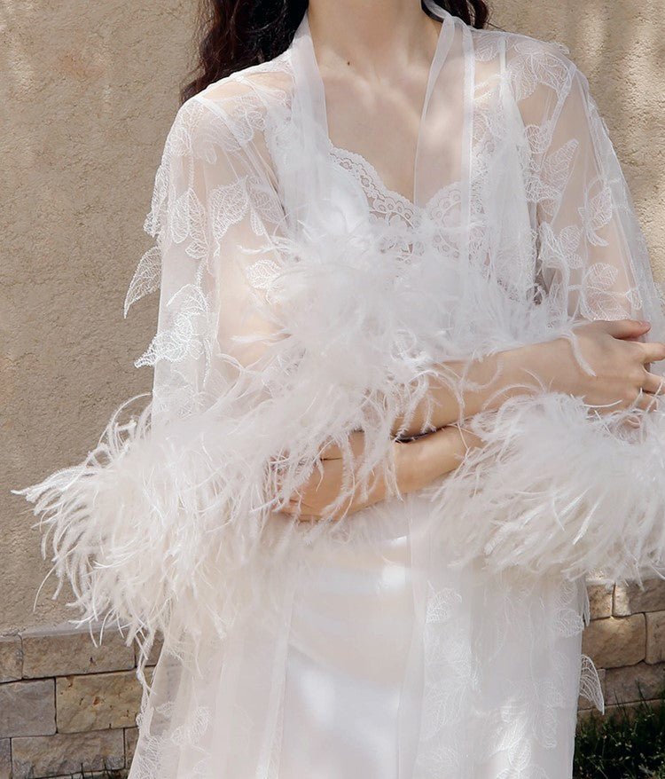 Ostrich Feather Sequin 3D Floral Lace Long Robe with Sequin Nightgown Set - Luzilly Bridal & Apparel