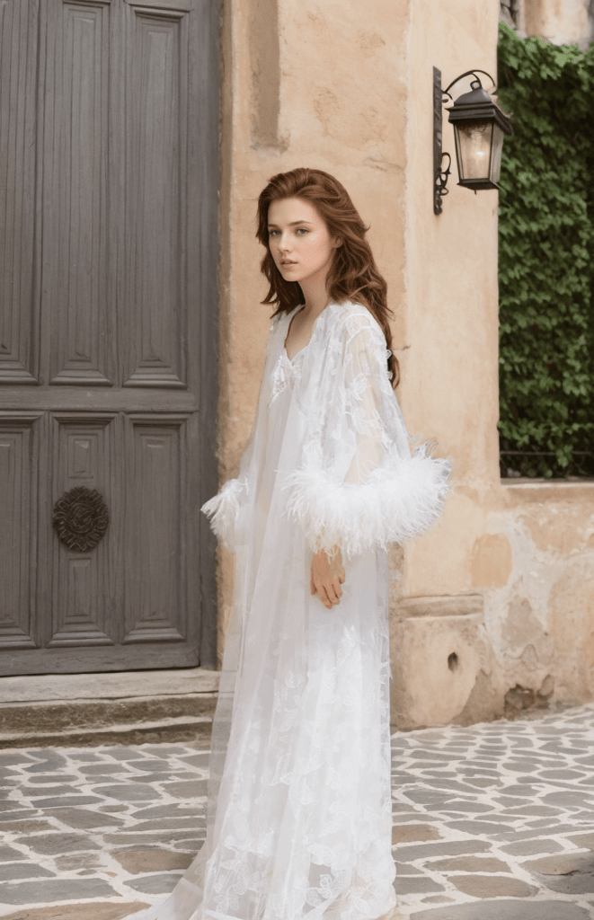Ostrich Feather Sequin 3D Floral Lace Long Robe with Sequin Nightgown Set - Luzilly Bridal & Apparel