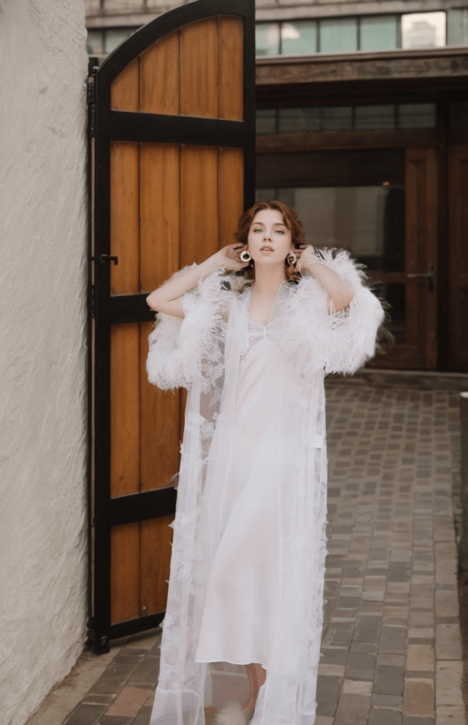 Ostrich Feather Sequin 3D Floral Lace Long Robe with Sequin Nightgown Set - Luzilly Bridal & Apparel