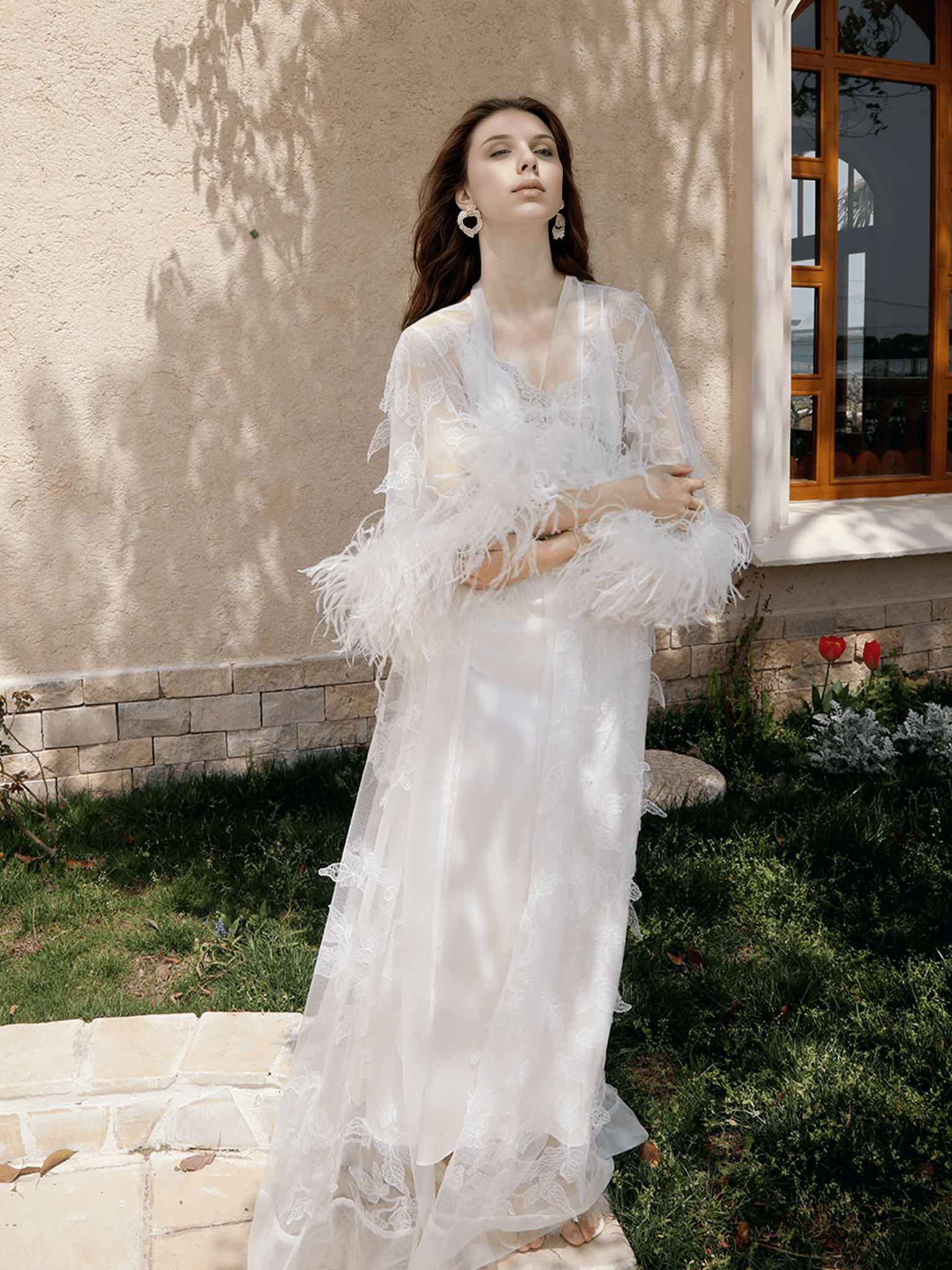 Ostrich Feather Sequin 3D Floral Lace Long Robe with Sequin Nightgown Set - Luzilly Bridal & Apparel