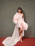Ostrich Feather sequin mesh long robe dress with nightgown pink ivory-next day shipping - Luzilly Bridal & Apparel