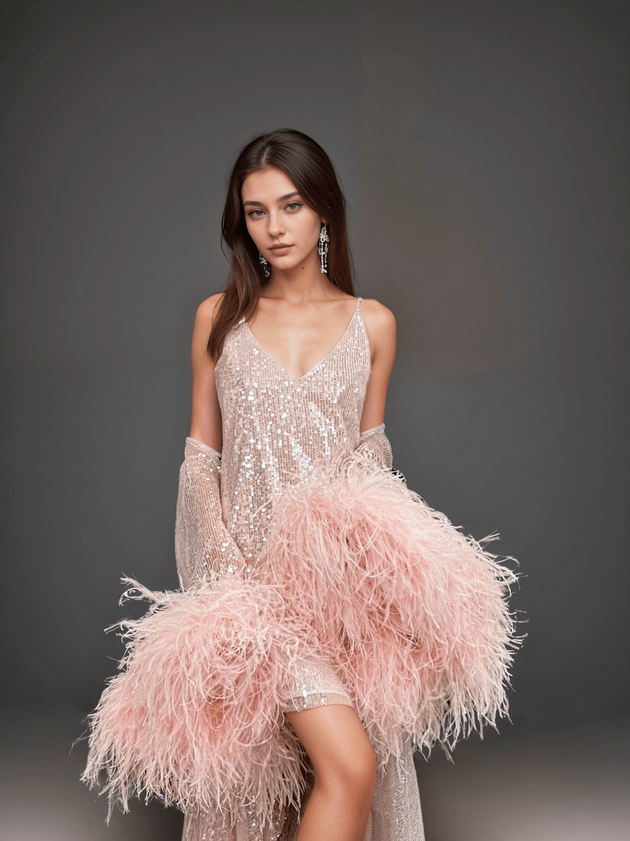 Ostrich Feather sequin mesh long robe dress with nightgown pink ivory-next day shipping - Luzilly Bridal & Apparel