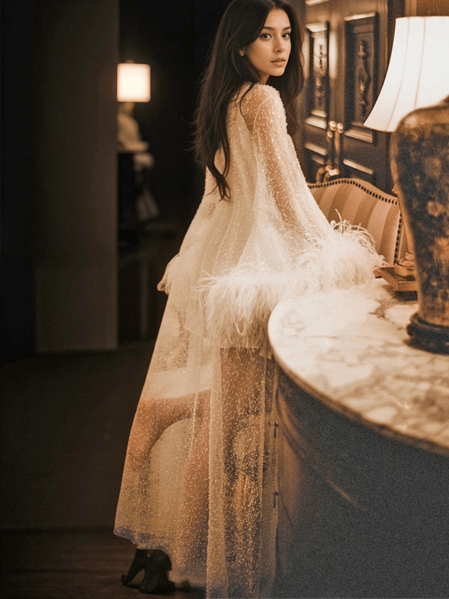 Ostrich Feather sequin mesh long robe dress with nightgown pink ivory-next day shipping - Luzilly Bridal & Apparel