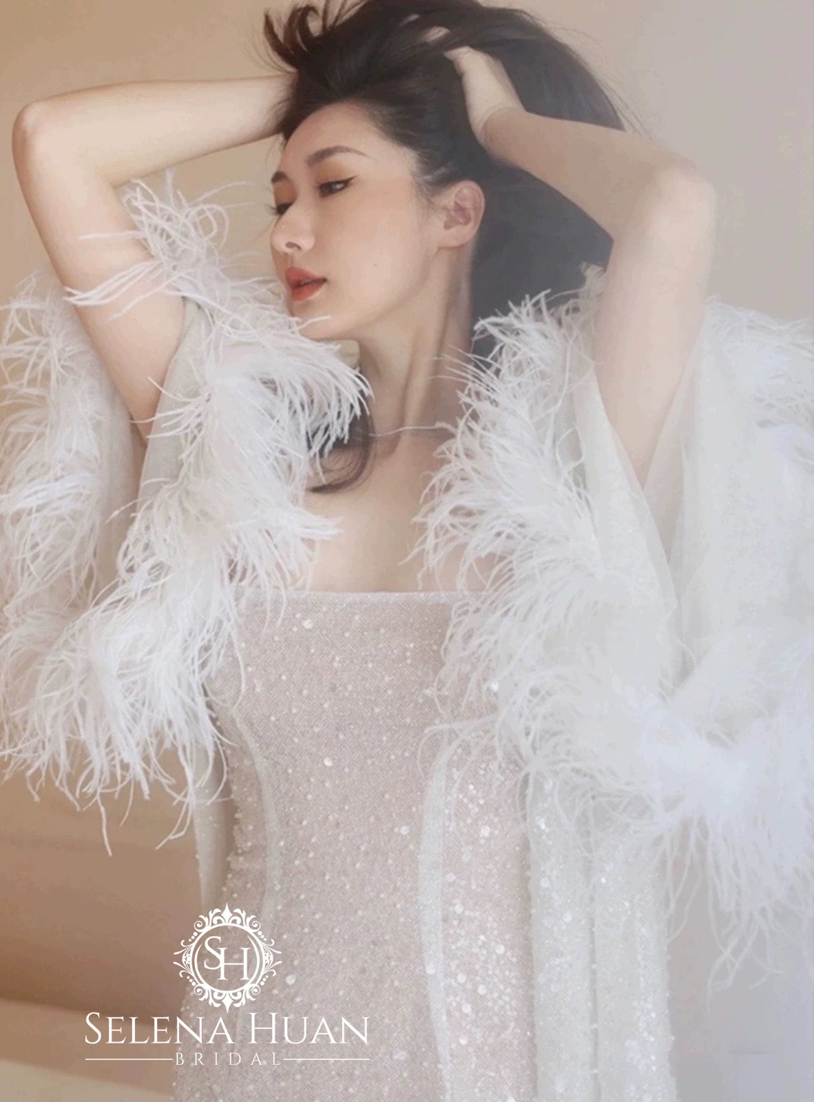 Ostrich Feather sequin mesh long robe dress with nightgown pink ivory-next day shipping - Luzilly Bridal & Apparel