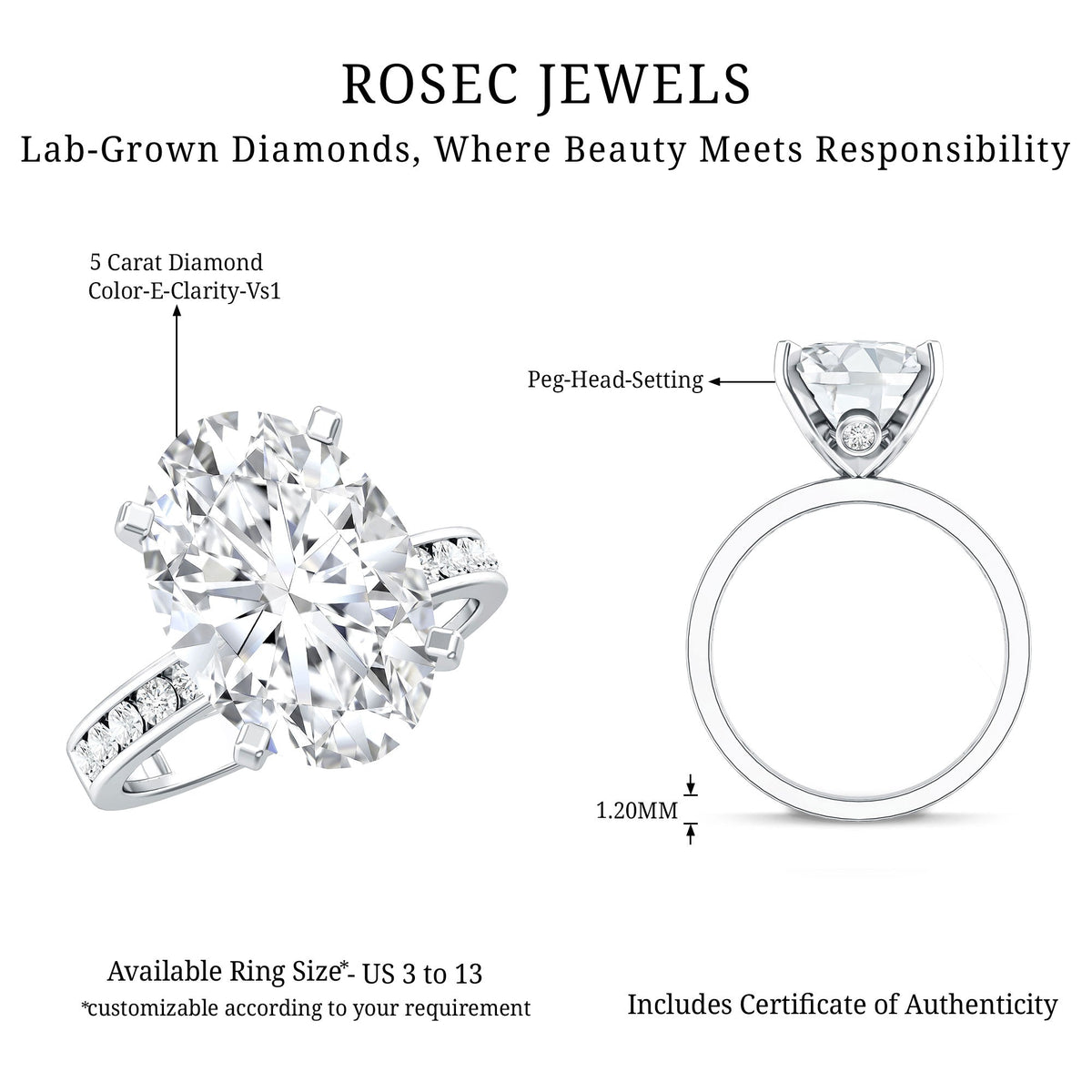 Oval Cut 5 Carat Lab Grown Diamond Big Engagement Ring with IGI Certificate - Luzilly Bridal & Apparel