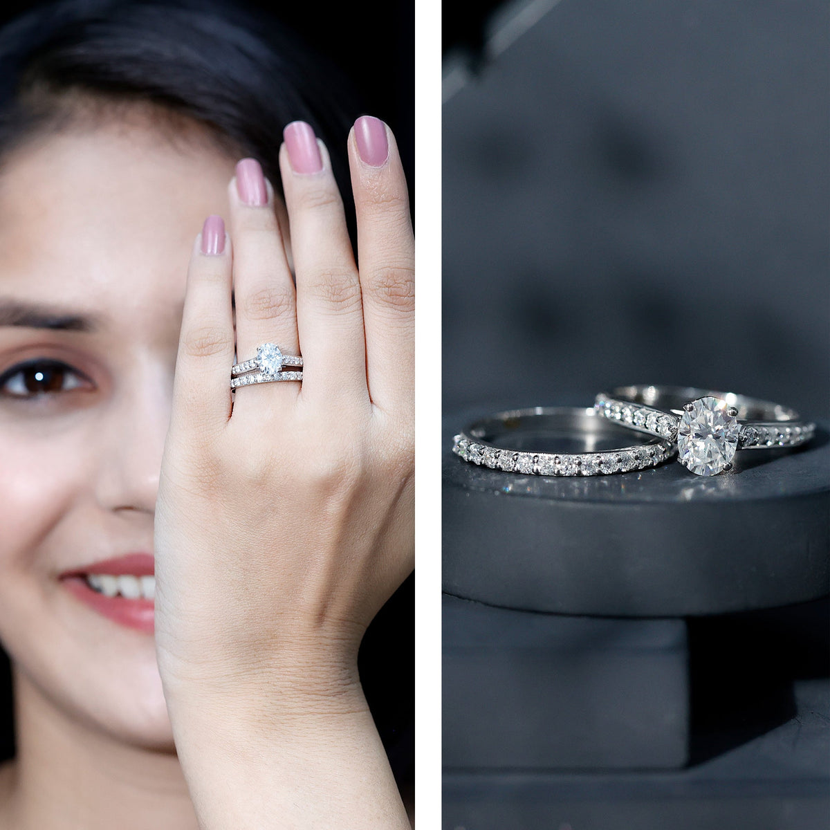 Oval Shaped 1 Carat Lab Grown Diamond Bridal Ring Set with IGI Certificate - Luzilly Bridal & Apparel
