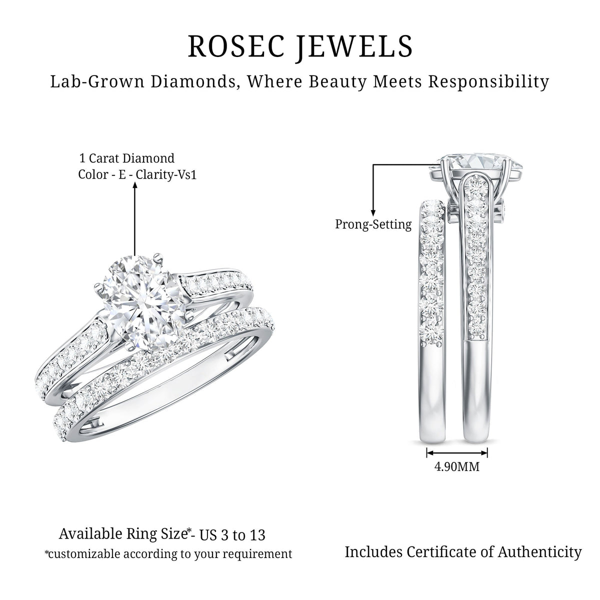 Oval Shaped 1 Carat Lab Grown Diamond Bridal Ring Set with IGI Certificate - Luzilly Bridal & Apparel