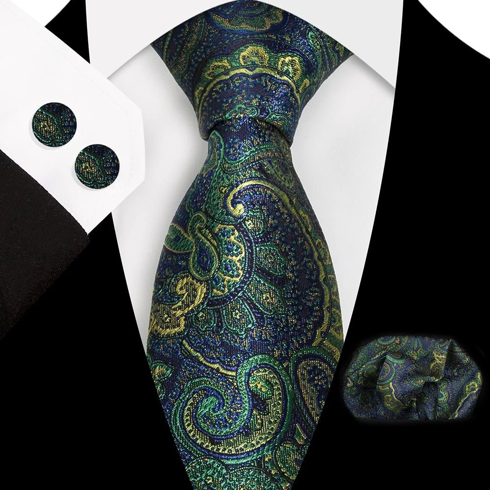 Paisley 100% Silk Elegant Tie For Men Necktie Pocket Square Cufflinks Set Men's Wedding Business Formal Accessory Gravatas - Luzilly Bridal & Apparel