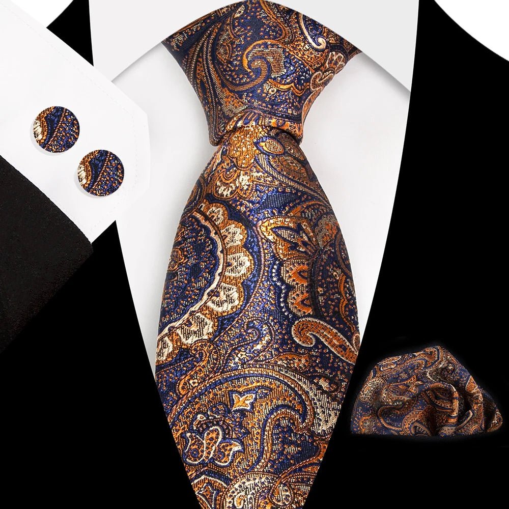 Paisley 100% Silk Elegant Tie For Men Necktie Pocket Square Cufflinks Set Men's Wedding Business Formal Accessory Gravatas - Luzilly Bridal & Apparel