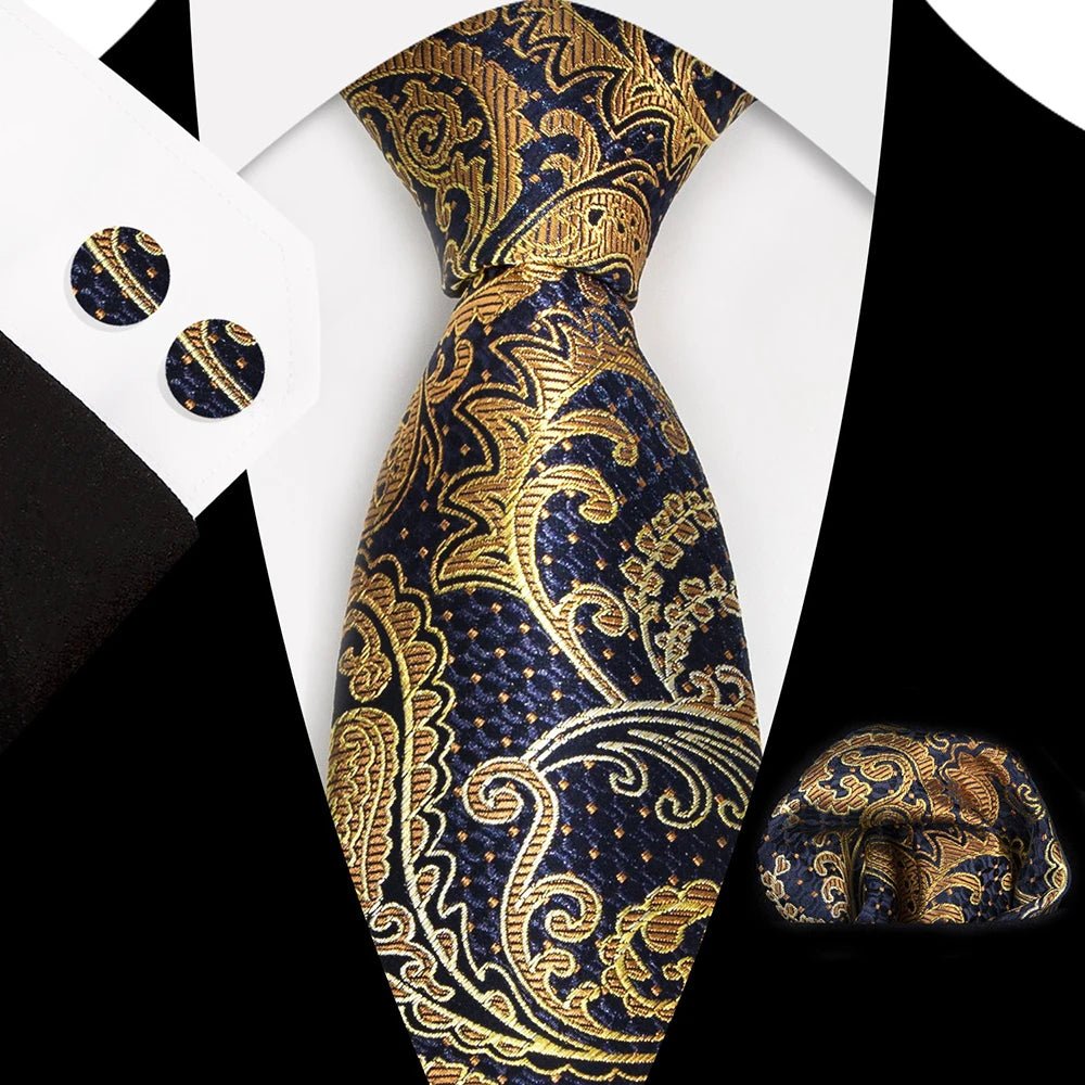 Paisley 100% Silk Elegant Tie For Men Necktie Pocket Square Cufflinks Set Men's Wedding Business Formal Accessory Gravatas - Luzilly Bridal & Apparel