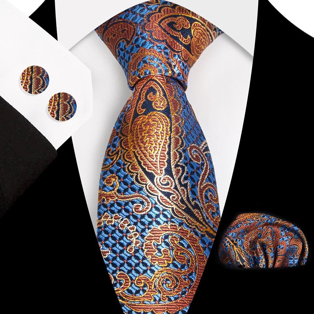 Paisley 100% Silk Elegant Tie For Men Necktie Pocket Square Cufflinks Set Men's Wedding Business Formal Accessory Gravatas - Luzilly Bridal & Apparel