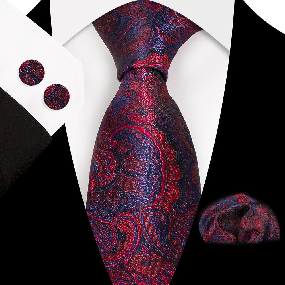 Paisley 100% Silk Elegant Tie For Men Necktie Pocket Square Cufflinks Set Men's Wedding Business Formal Accessory Gravatas - Luzilly Bridal & Apparel