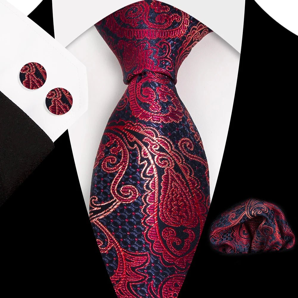 Paisley 100% Silk Elegant Tie For Men Necktie Pocket Square Cufflinks Set Men's Wedding Business Formal Accessory Gravatas - Luzilly Bridal & Apparel