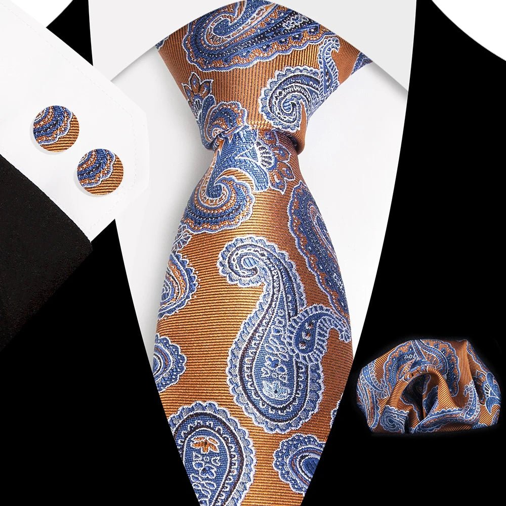 Paisley 100% Silk Elegant Tie For Men Necktie Pocket Square Cufflinks Set Men's Wedding Business Formal Accessory Gravatas - Luzilly Bridal & Apparel