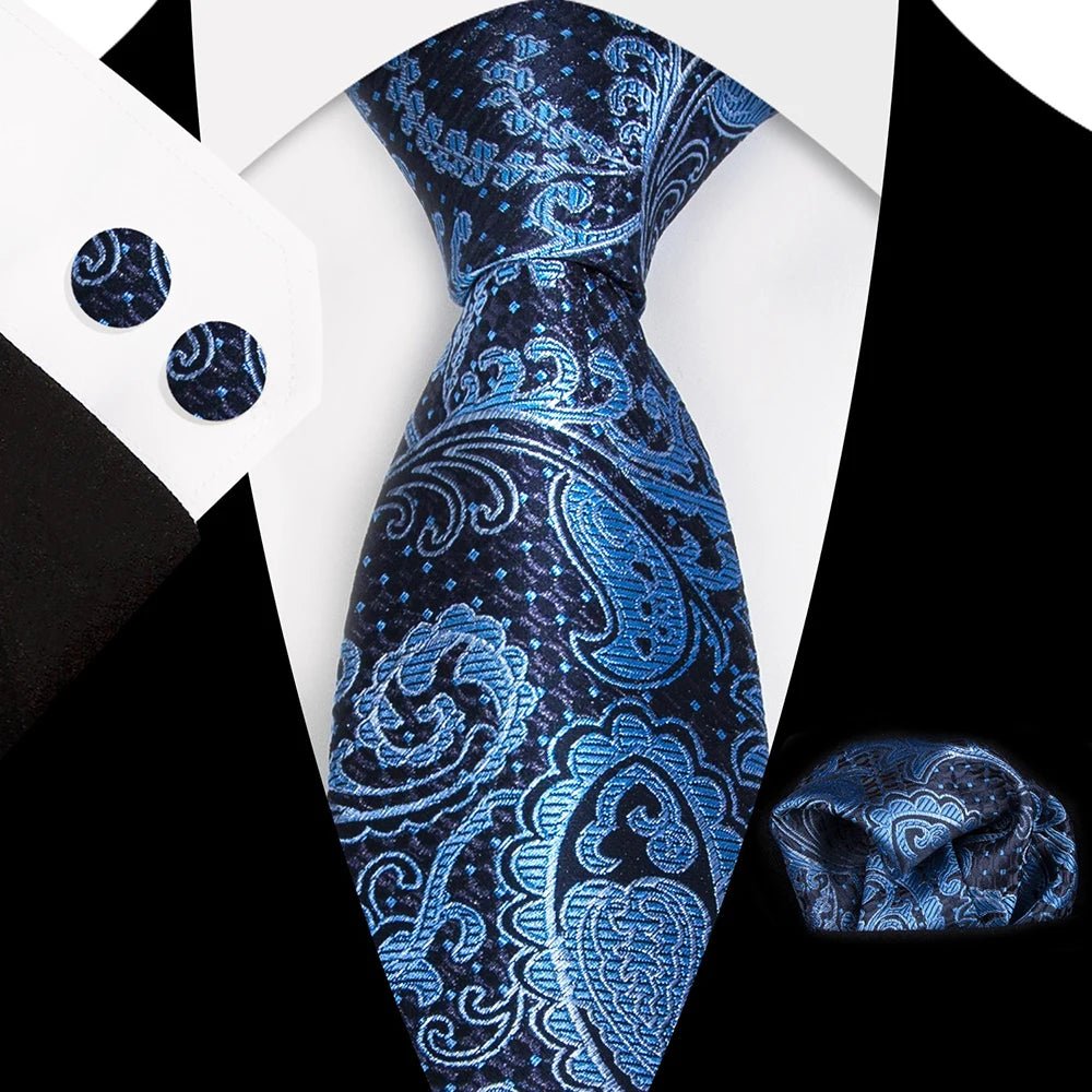 Paisley 100% Silk Elegant Tie For Men Necktie Pocket Square Cufflinks Set Men's Wedding Business Formal Accessory Gravatas - Luzilly Bridal & Apparel
