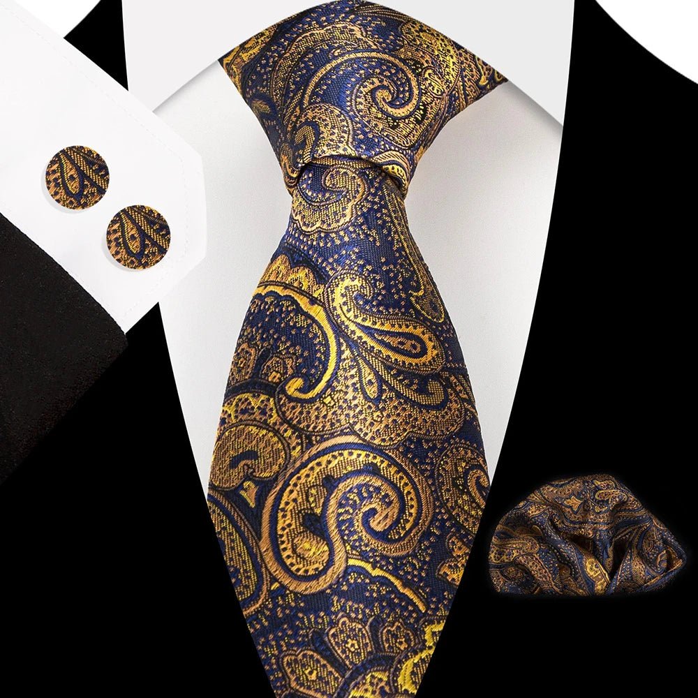Paisley 100% Silk Elegant Tie For Men Necktie Pocket Square Cufflinks Set Men's Wedding Business Formal Accessory Gravatas - Luzilly Bridal & Apparel