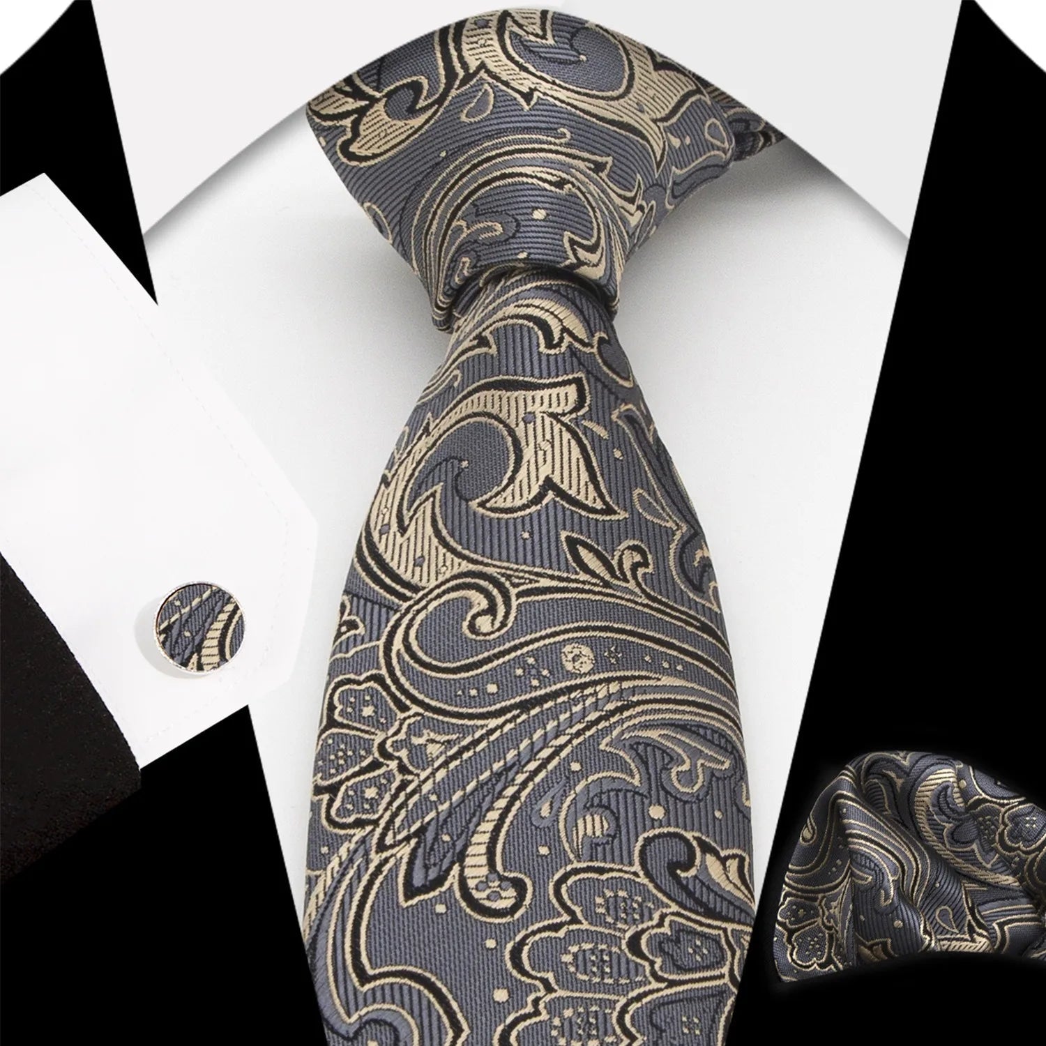 Paisley 100% Silk Elegant Tie For Men Necktie Pocket Square Cufflinks Set Men's Wedding Business Formal Accessory Gravatas - Luzilly Bridal & Apparel