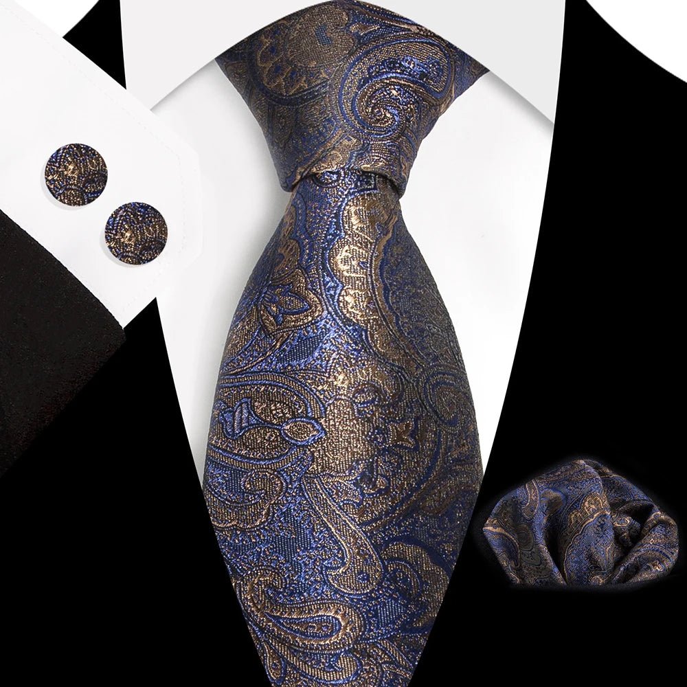 Paisley 100% Silk Elegant Tie For Men Necktie Pocket Square Cufflinks Set Men's Wedding Business Formal Accessory Gravatas - Luzilly Bridal & Apparel