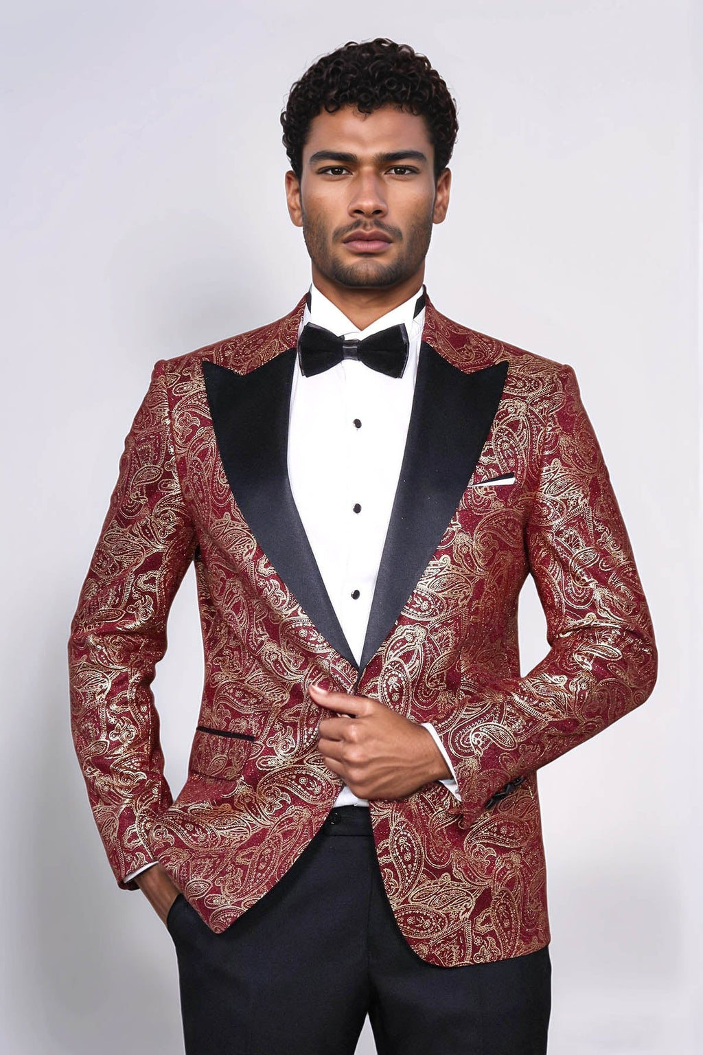 Paisley Peak Lapel Burgundy Men Singer Tuxedo Blazer - Wessi - Luzilly Bridal & Apparel