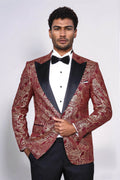 Paisley Peak Lapel Burgundy Men Singer Tuxedo Blazer - Wessi - Luzilly Bridal & Apparel