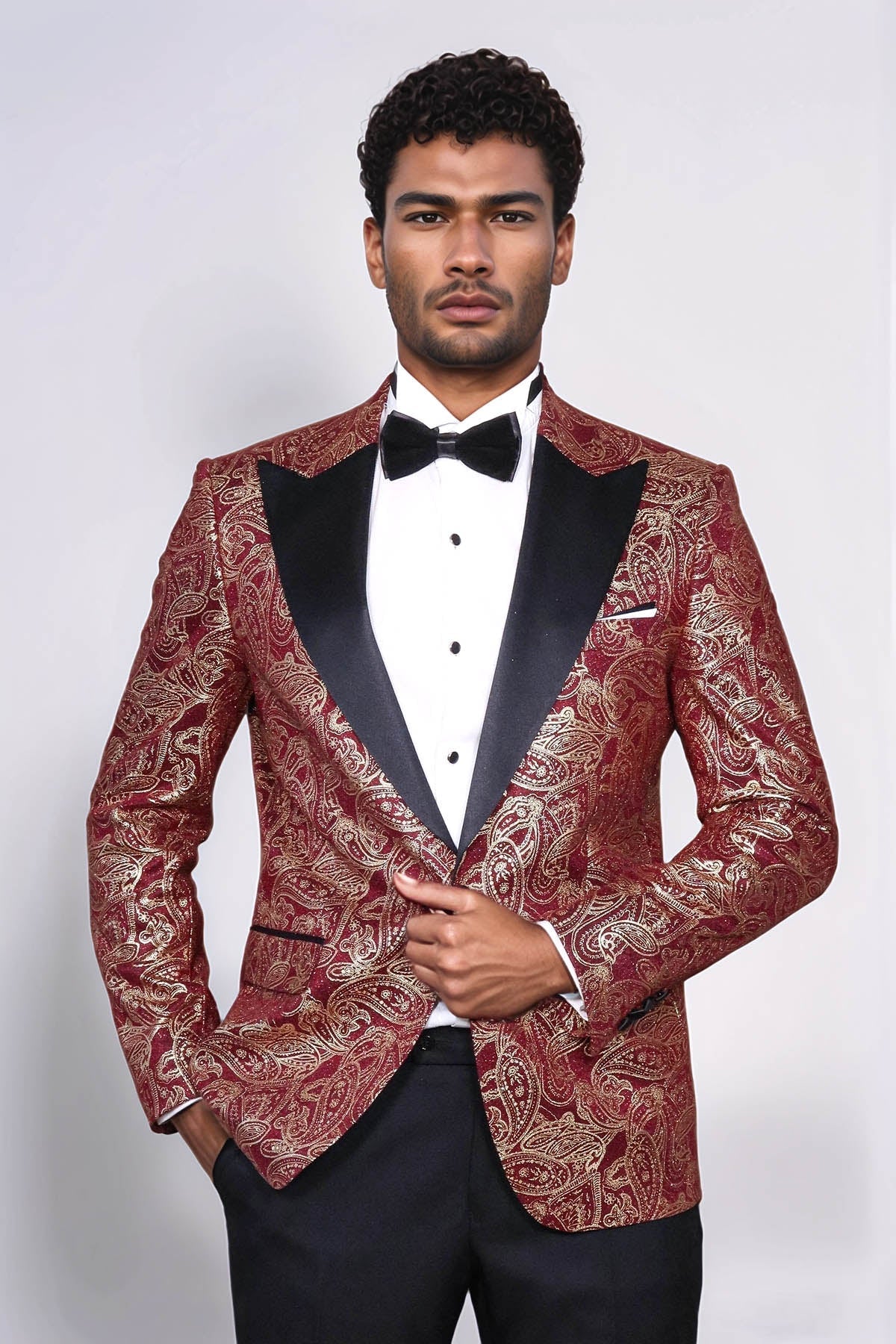 Paisley Peak Lapel Burgundy Men Singer Tuxedo Blazer - Wessi - Luzilly Bridal & Apparel