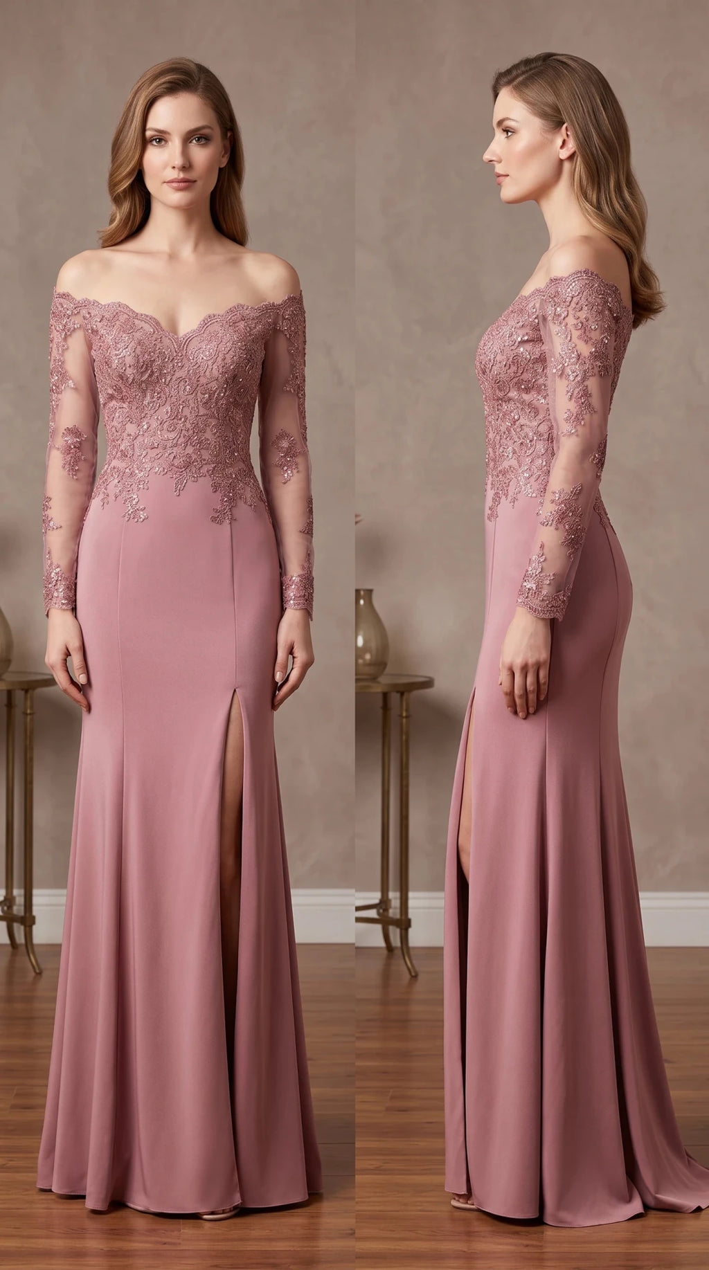 Pale Pink Off-Shoulder Lace Mother of the Bride Dress with Slit - Luzilly Bridal & Apparel