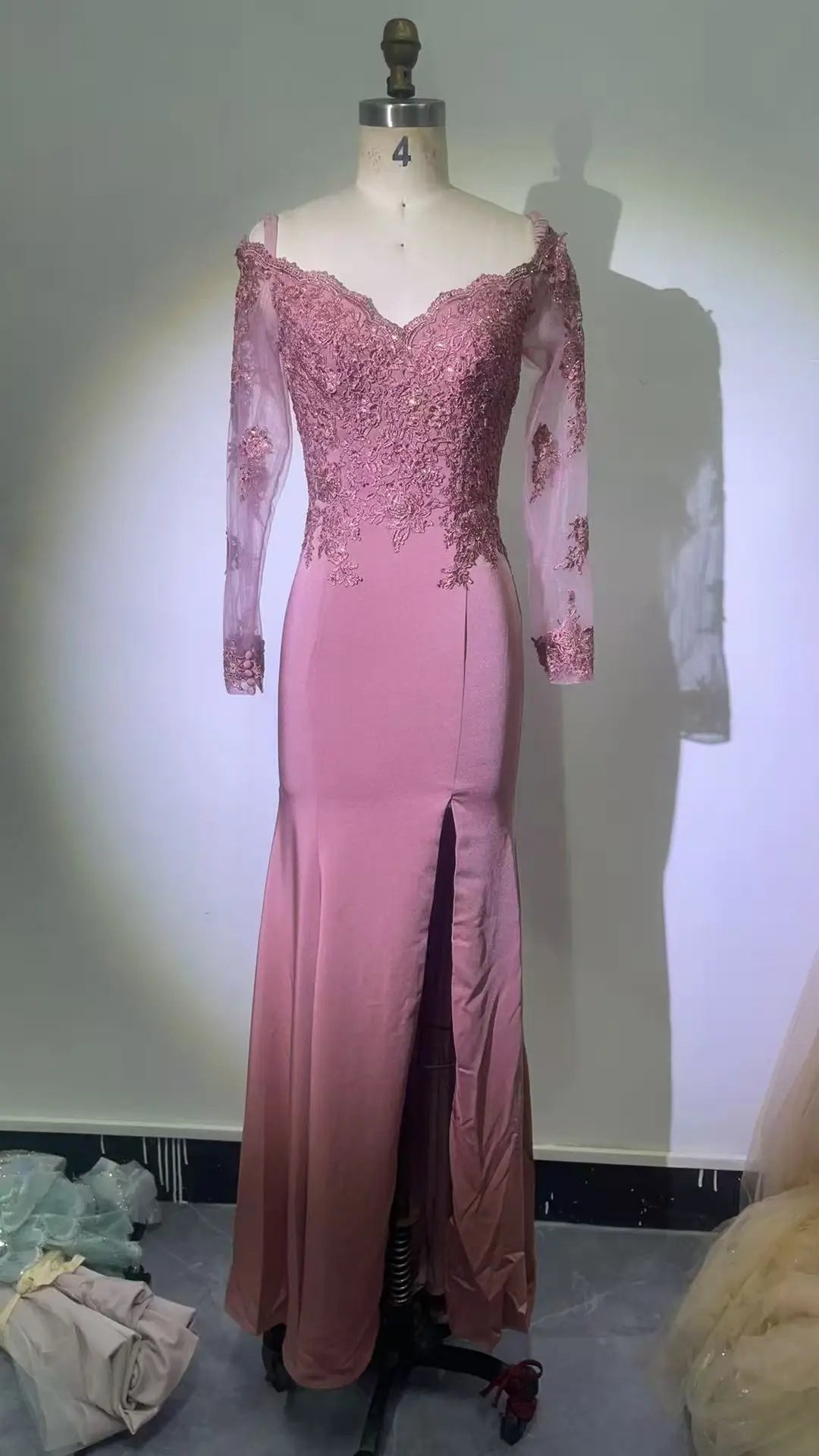 Pale Pink Off-Shoulder Lace Mother of the Bride Dress with Slit - Luzilly Bridal & Apparel