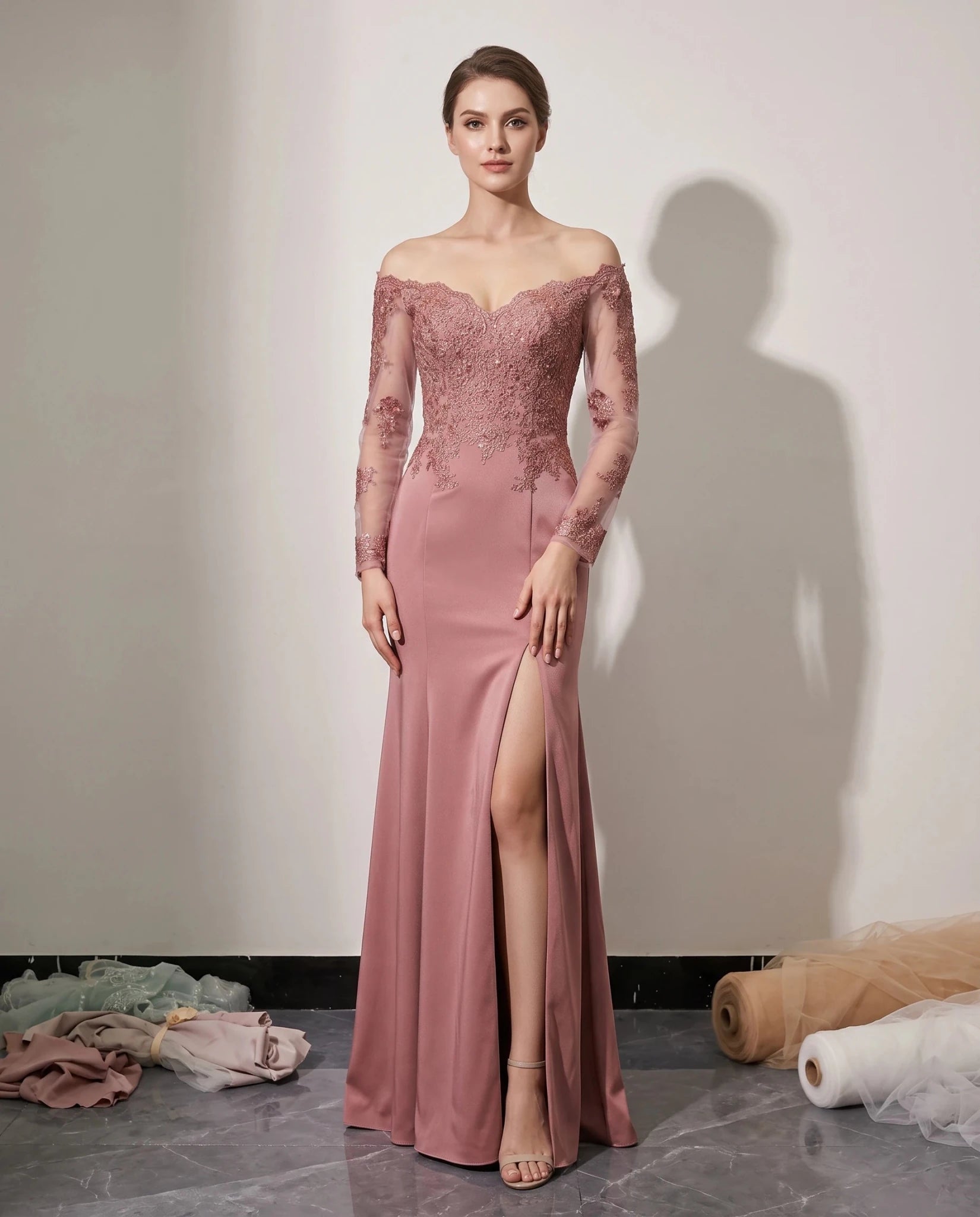Pale Pink Off-Shoulder Lace Mother of the Bride Dress with Slit - Luzilly Bridal & Apparel