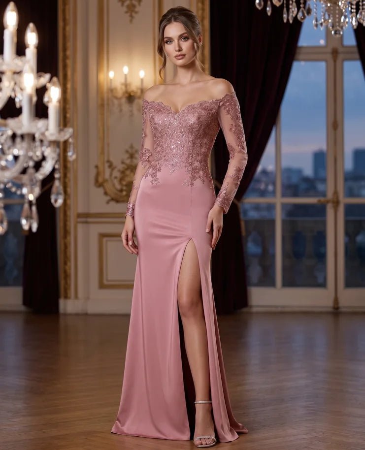 Pale Pink Off-Shoulder Lace Mother of the Bride Dress with Slit - Luzilly Bridal & Apparel