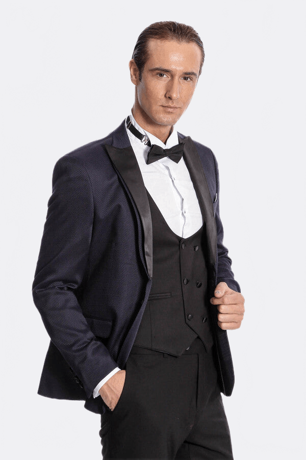 Patterned Combined Navy Blue Men Tuxedo - Wessi - Luzilly Bridal & Apparel