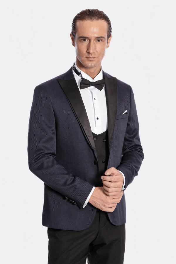 Patterned Combined Navy Blue Men Tuxedo - Wessi - Luzilly Bridal & Apparel