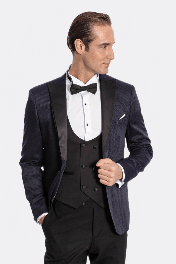 Patterned Combined Navy Blue Men Tuxedo - Wessi - Luzilly Bridal & Apparel