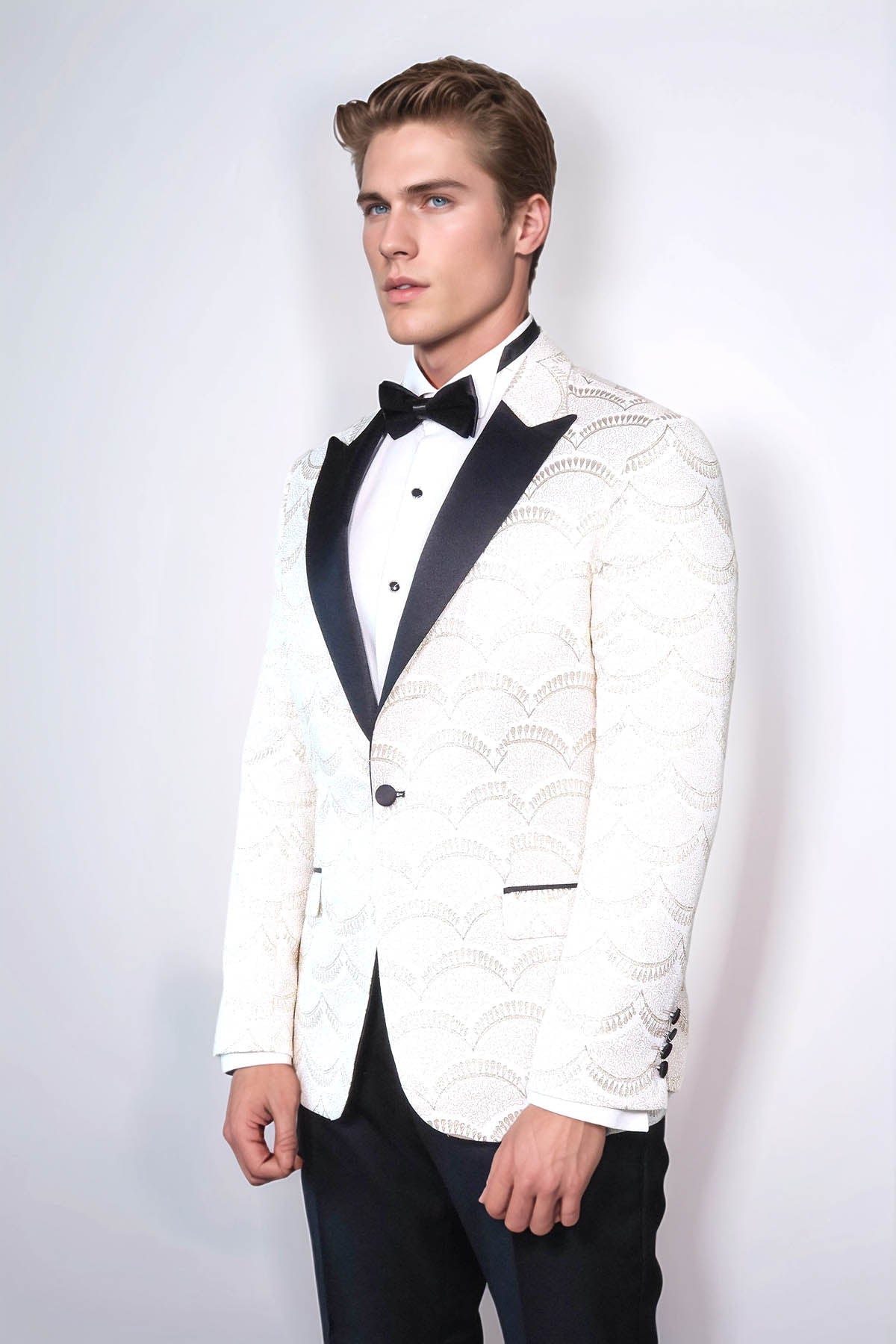 Patterned Slim Fit White Men Dinner Jacket - Wessi - Luzilly Bridal & Apparel